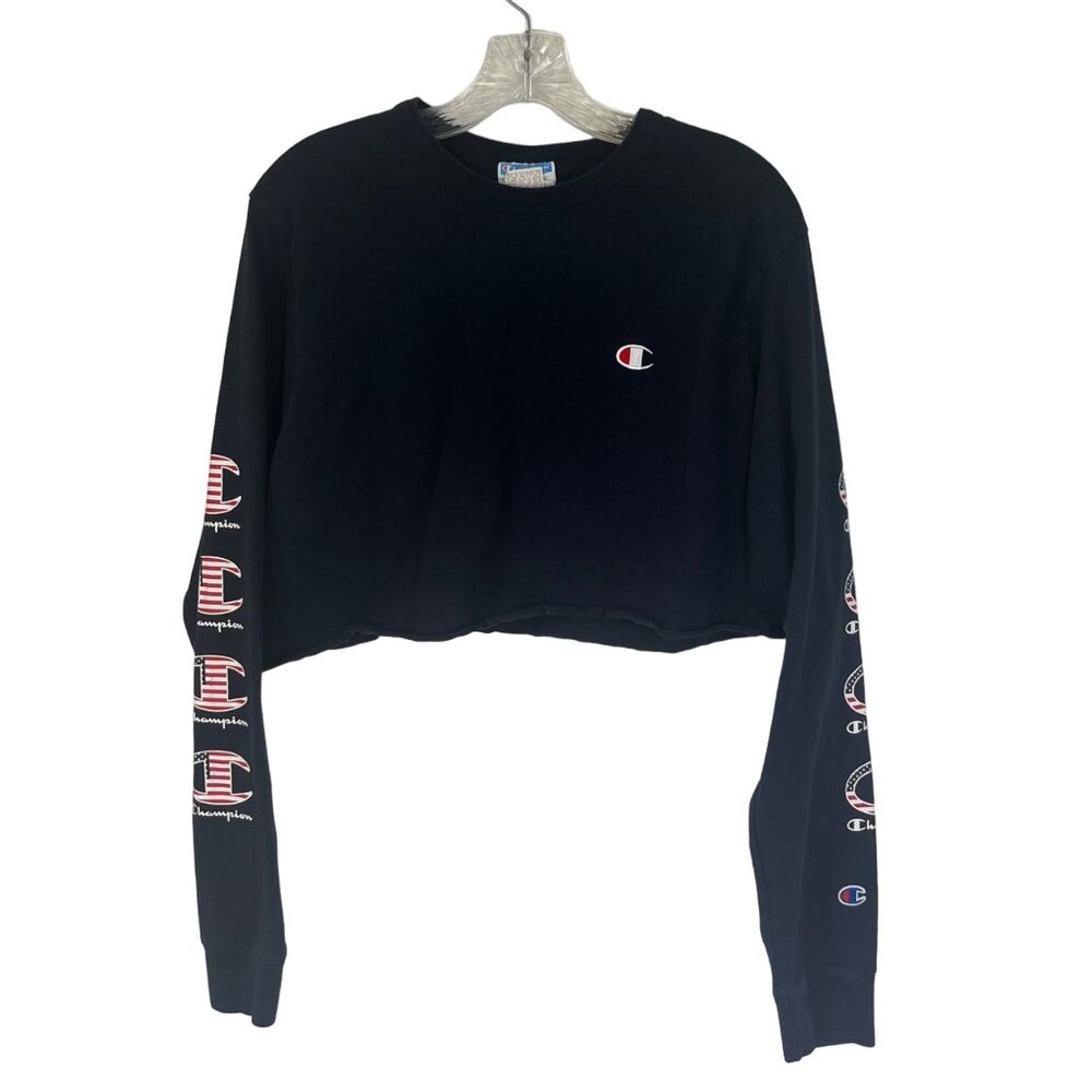 Champion Crop Top Patriotic Tshirt Womens Large Black Long Sleeves